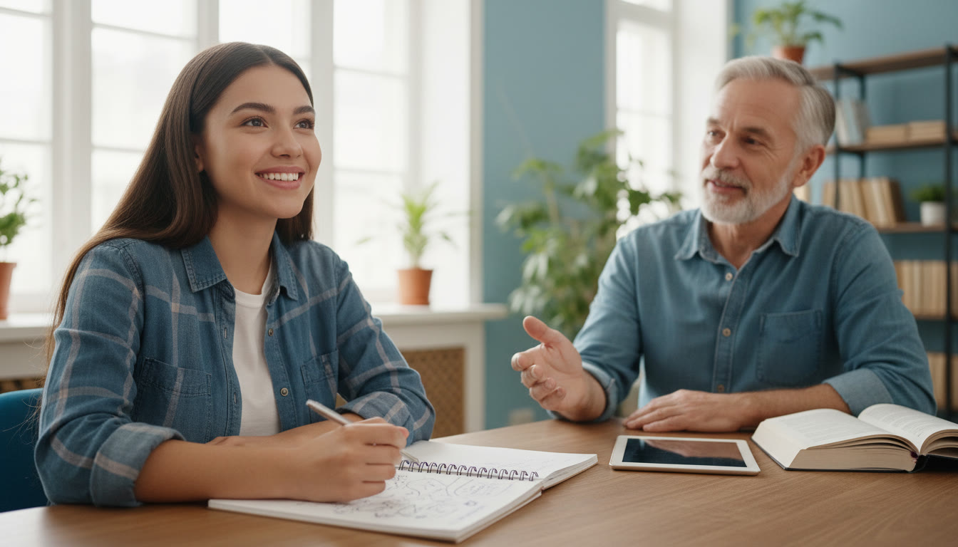 Photo Idea : Student practicing an interview with a tutor, mid-pause, notebook open with reflective notes