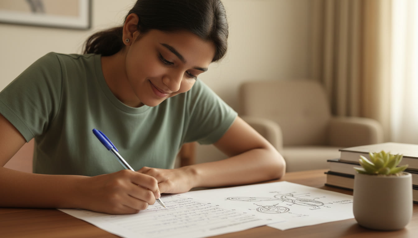 Photo Idea : Close-up of a student writing in an exam with a neat, numbered answer sheet and a labeled diagram
