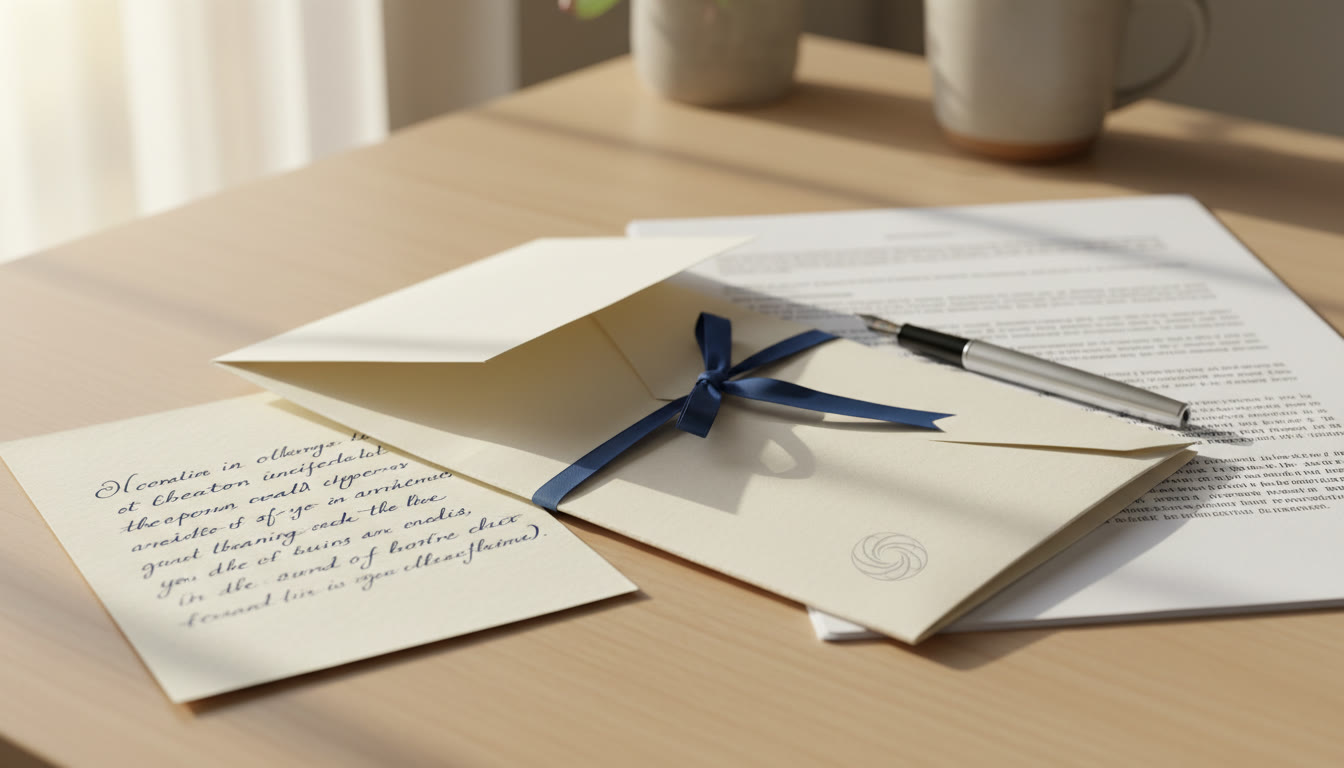 Photo Idea : A neat recommendation packet laid out on a desk: resume, hand-written thank-you note, and a printed Extended Essay excerpt