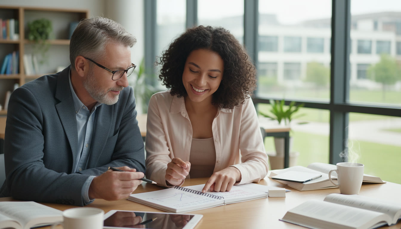 Photo Idea : Student and IB supervisor leaning over a notebook in a bright study space, pointing at a graph.