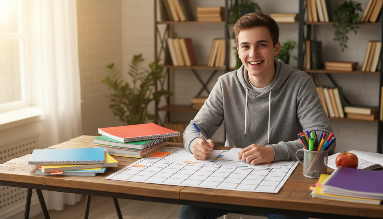 Photo Idea : student at a desk surrounded by color-coded notebooks and a large calendar, mid-sorted papers