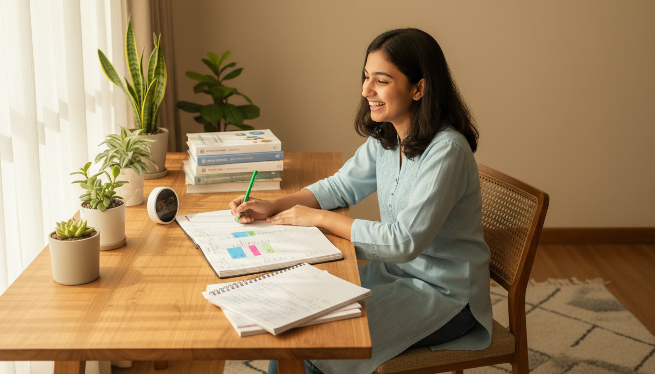 Photo Idea : Student at a tidy desk with a 30-day planner, color-coded notes, a timer and textbooks arranged neatly
