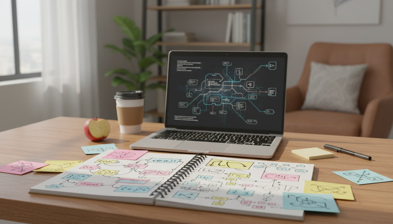 Photo Idea : Close-up of a notebook with flowcharts, code snippets, and sticky notes arranged around a laptop