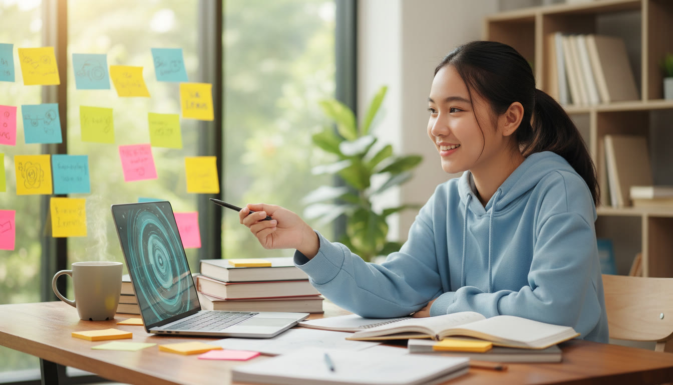 Photo Idea : Student at a desk surrounded by notebooks and sticky notes, pausing with a pen over a laptop screen displaying a research question