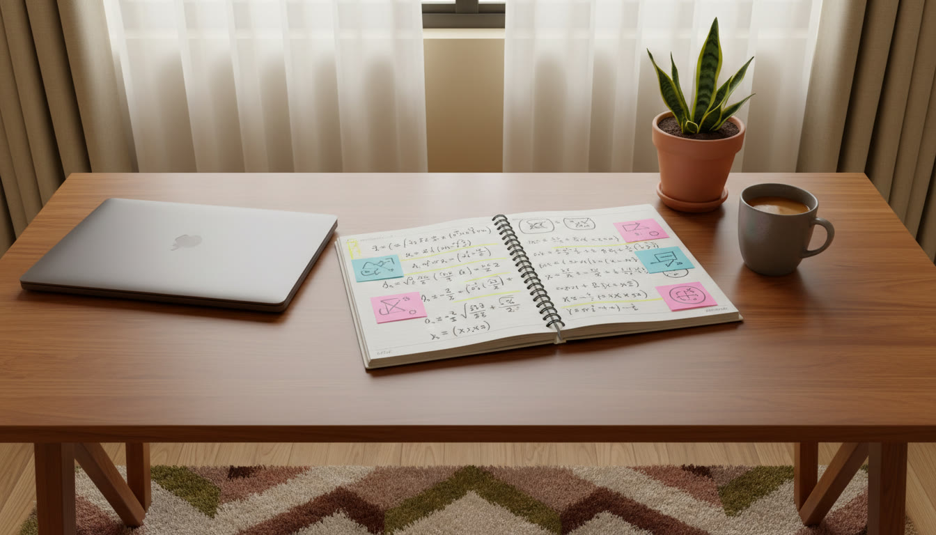 Photo Idea : Annotated open notebook with highlighted formulas and sticky notes for quick revision