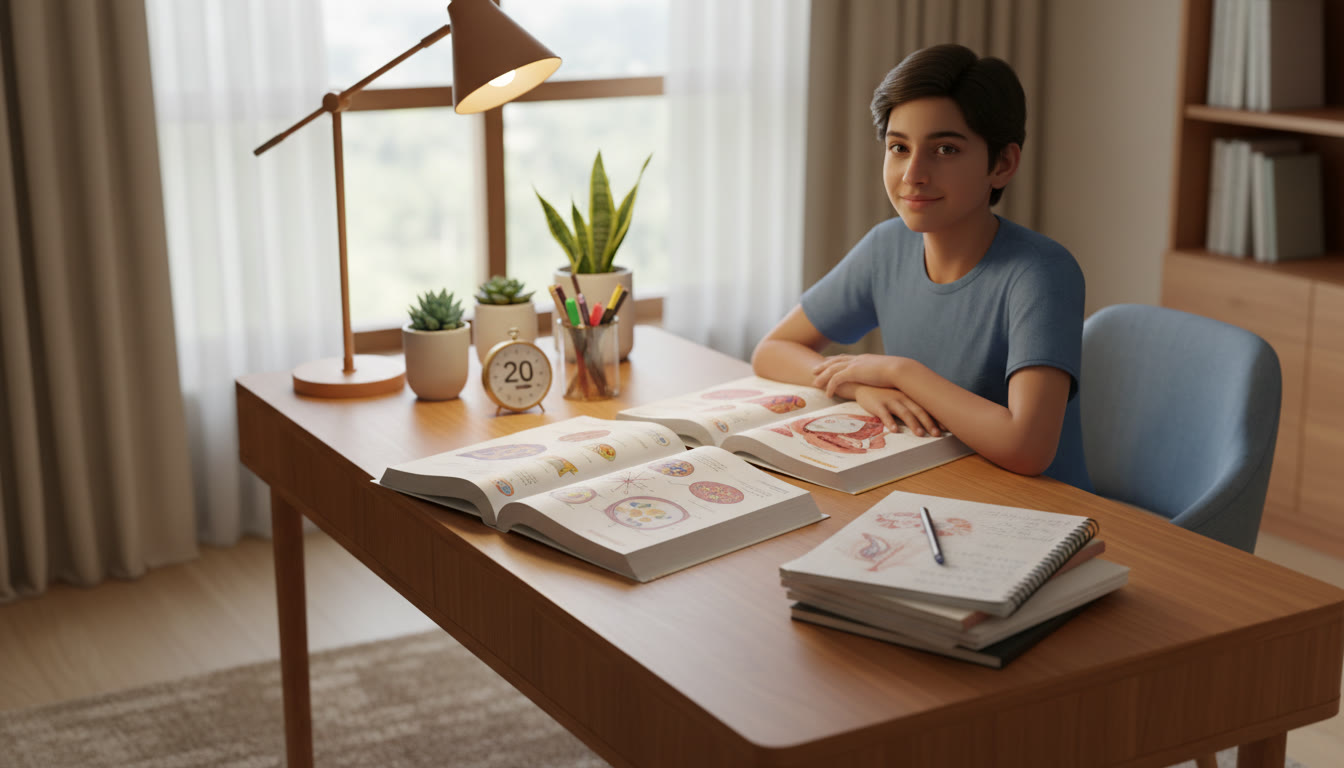 Photo Idea : Student at a study desk with open biology diagrams, a timer, and neatly arranged notes.
