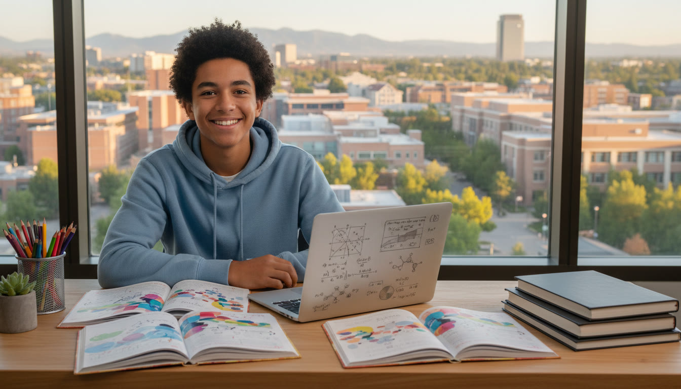 Photo Idea : a student at a desk surrounded by IB notebooks, a laptop showing equations and a campus skyline outside the window