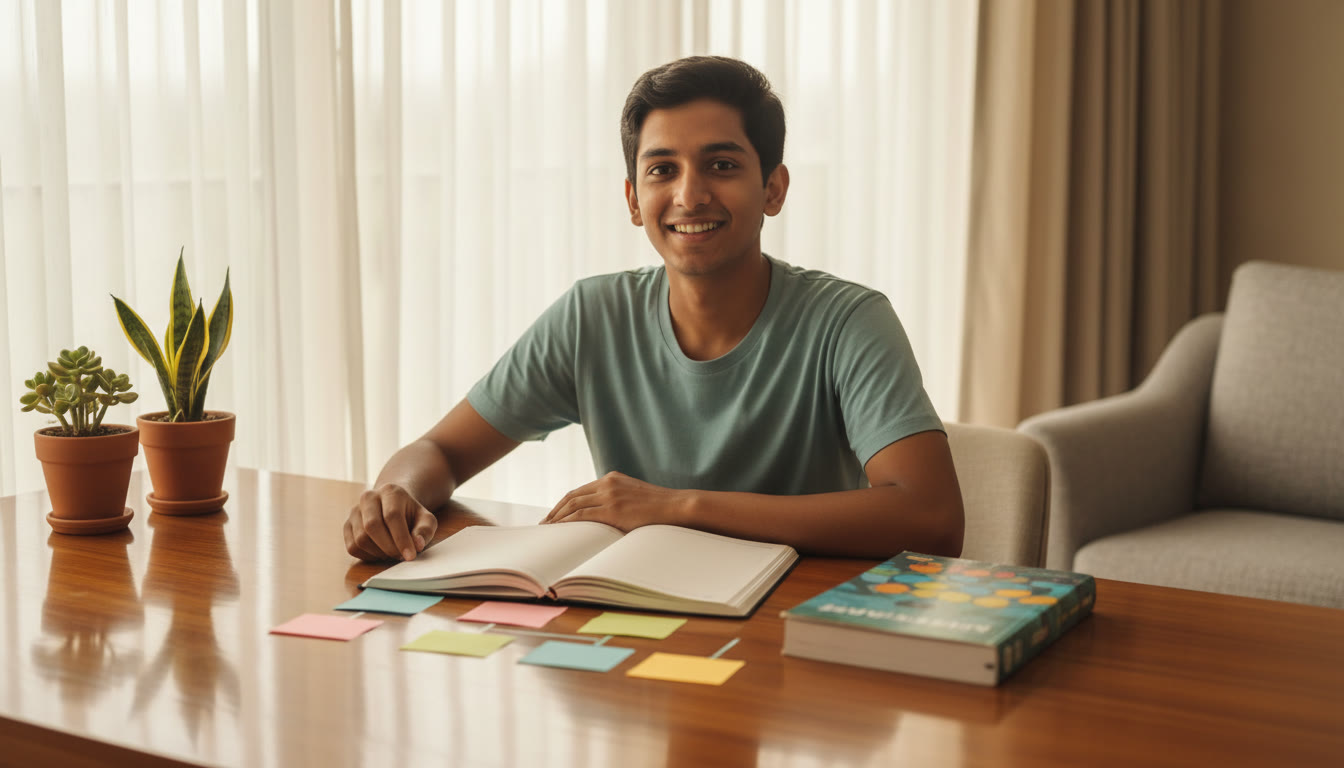 Photo Idea : A CBSE student at a tidy desk with an open notebook, NCERT-style textbook, colorful sticky notes arranged as a flowchart