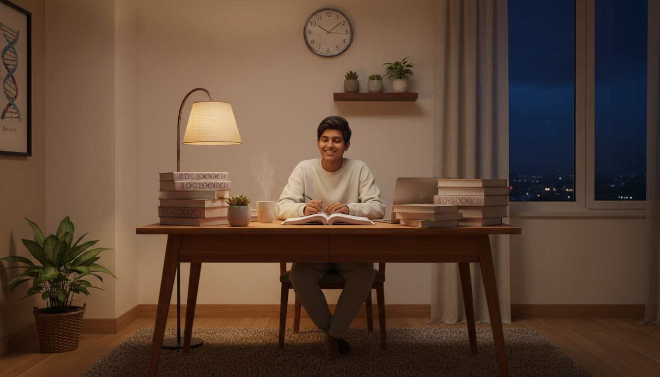 Photo Idea : A student at a desk late at night surrounded by Biology, Physics, and Chemistry books with a clock showing late hours