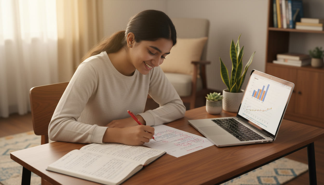 Photo Idea : A student analyzing a mock test with a red pen, an error log page, and a laptop displaying a progress chart
