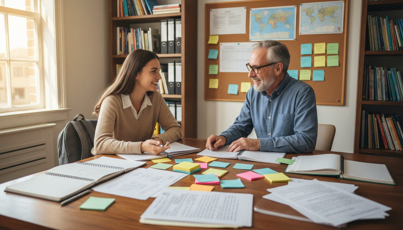 Photo Idea : Student and counsellor at a desk surrounded by colored notes and annotated essays