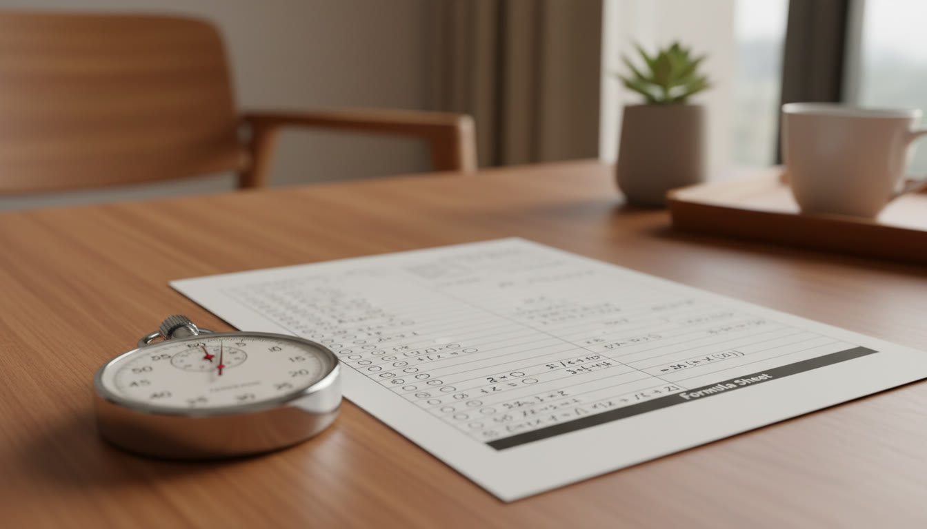 Photo Idea : close-up of a stopwatch, a solved MCQ sheet, and a neat formula sheet