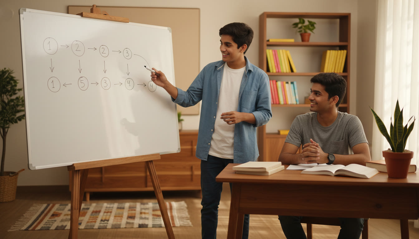 Photo Idea : A student explaining a problem on a whiteboard to a friend, with numbered steps and arrows connecting ideas.