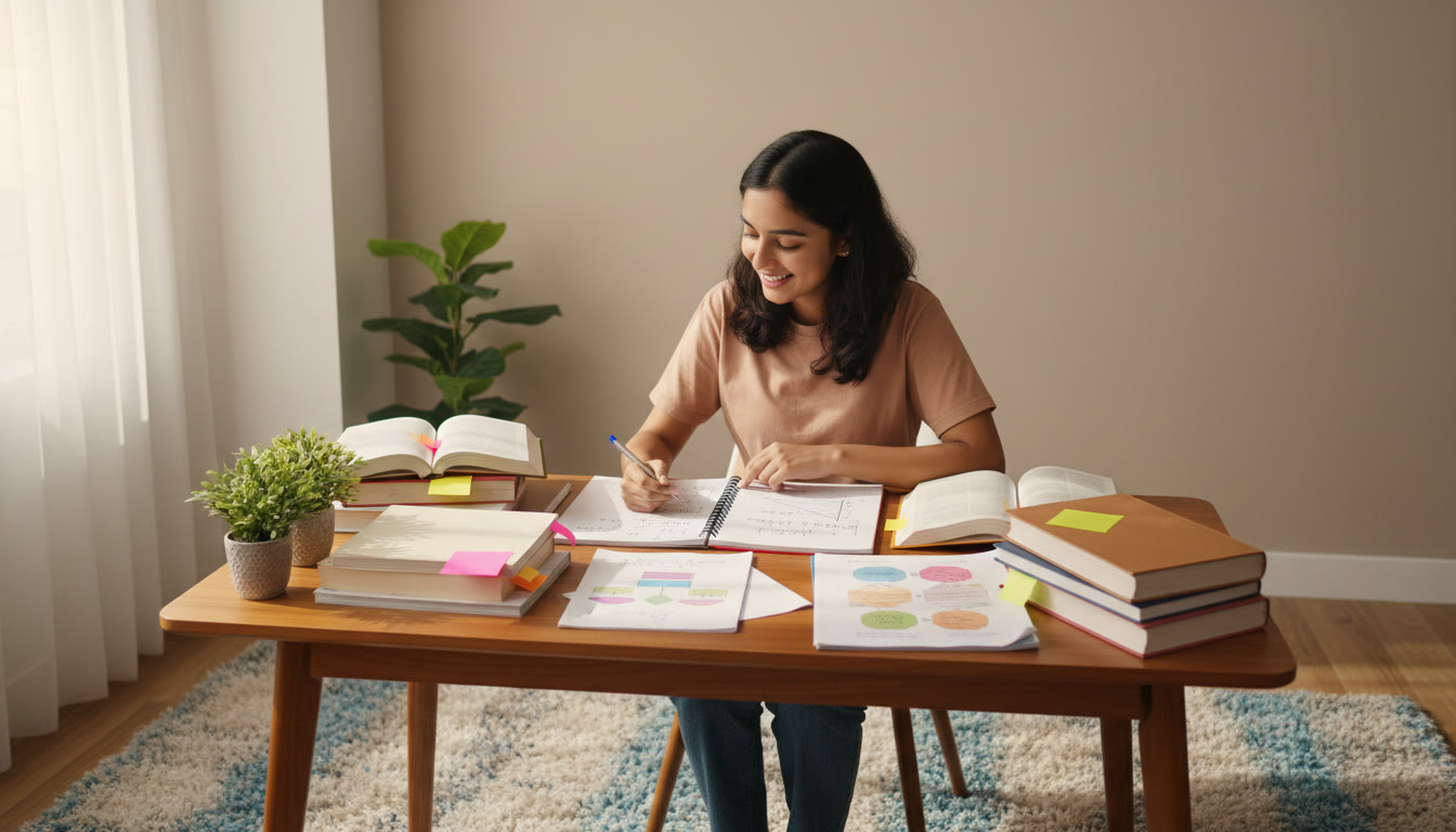 Photo Idea : A student at a bright desk surrounded by neatly arranged concept notes and open textbooks, with a notebook showing solved examples