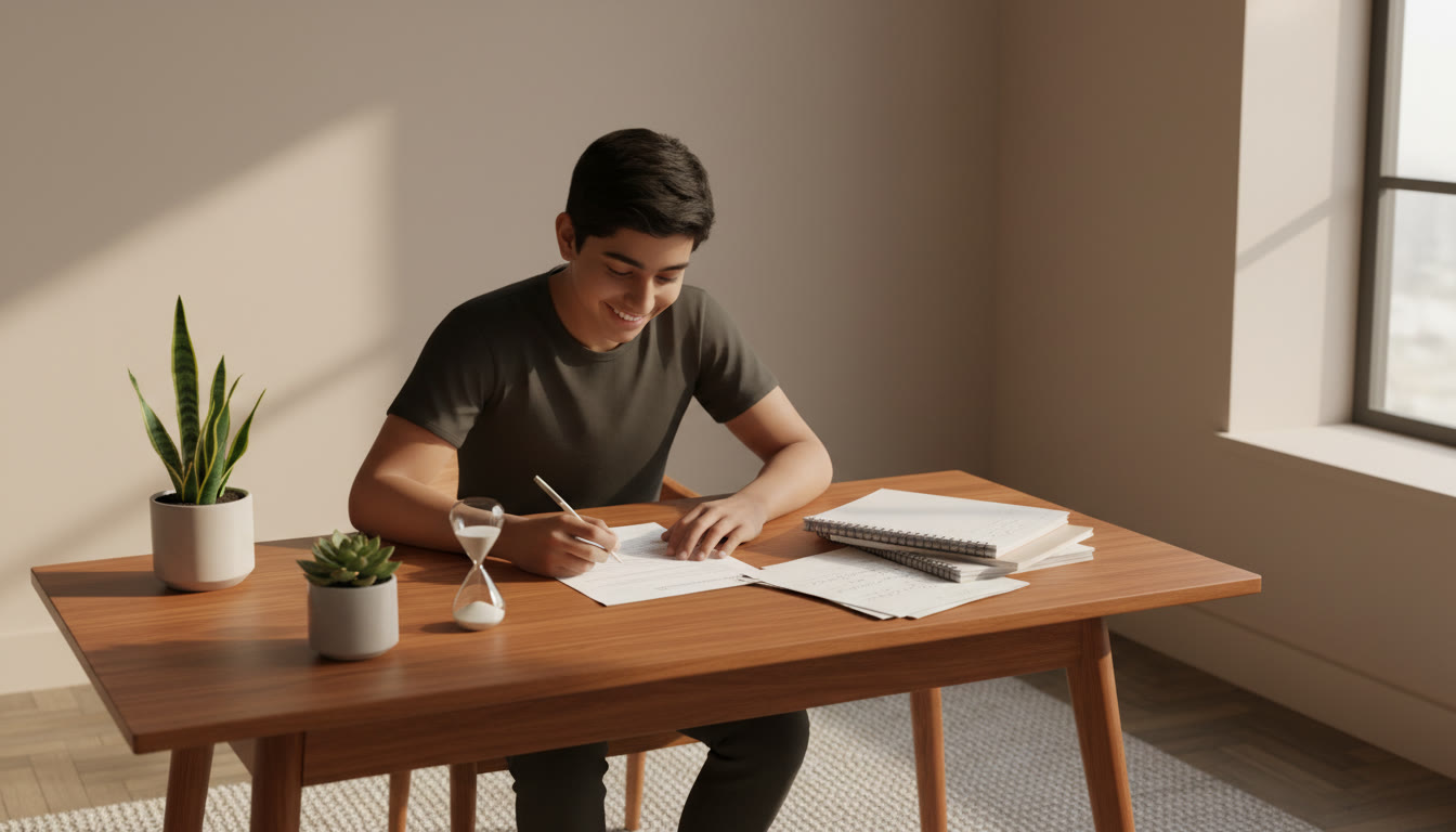 Photo Idea : A focused student at a tidy desk with a timer, notes, and a practice paper