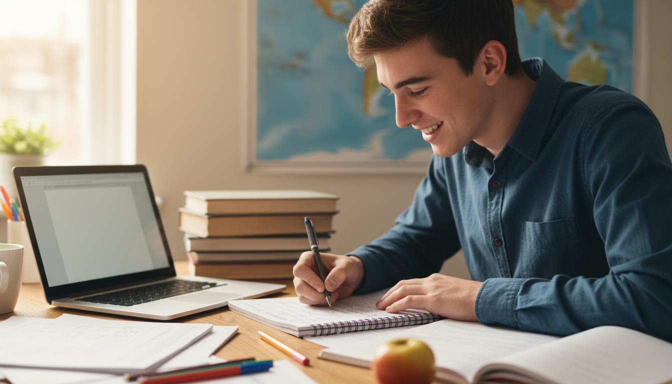 Photo Idea : Close-up of an IB student writing an Extended Essay at a desk surrounded by notebooks and a laptop