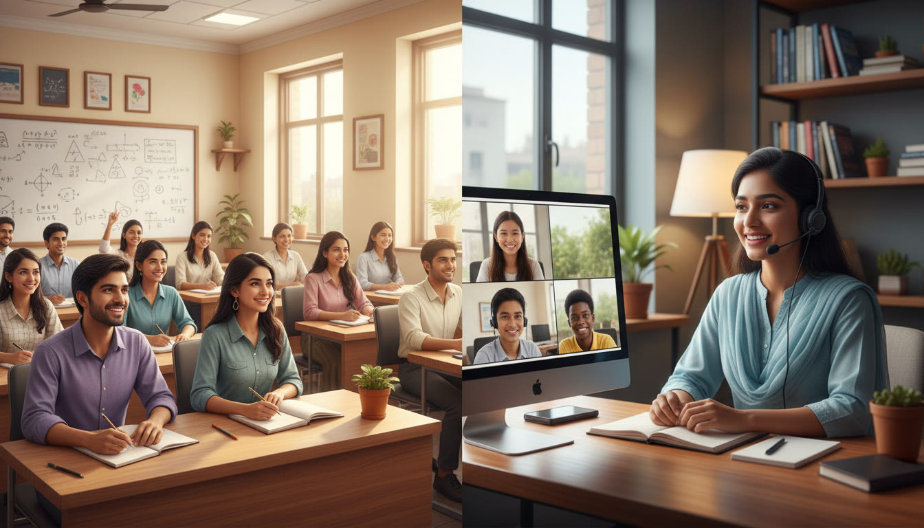 Photo Idea : Classroom split-screen showing students in an Indian-style coaching lecture on one side and a small international tutoring session on the other