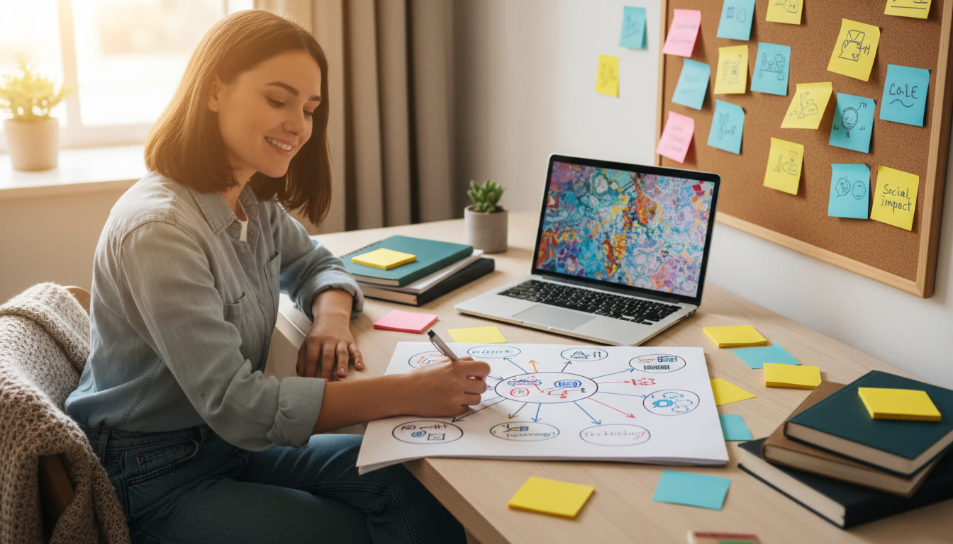Photo Idea : A thoughtful IB student at a desk with notebooks, colorful sticky notes and a laptop, sketching a mind map of possible interests.