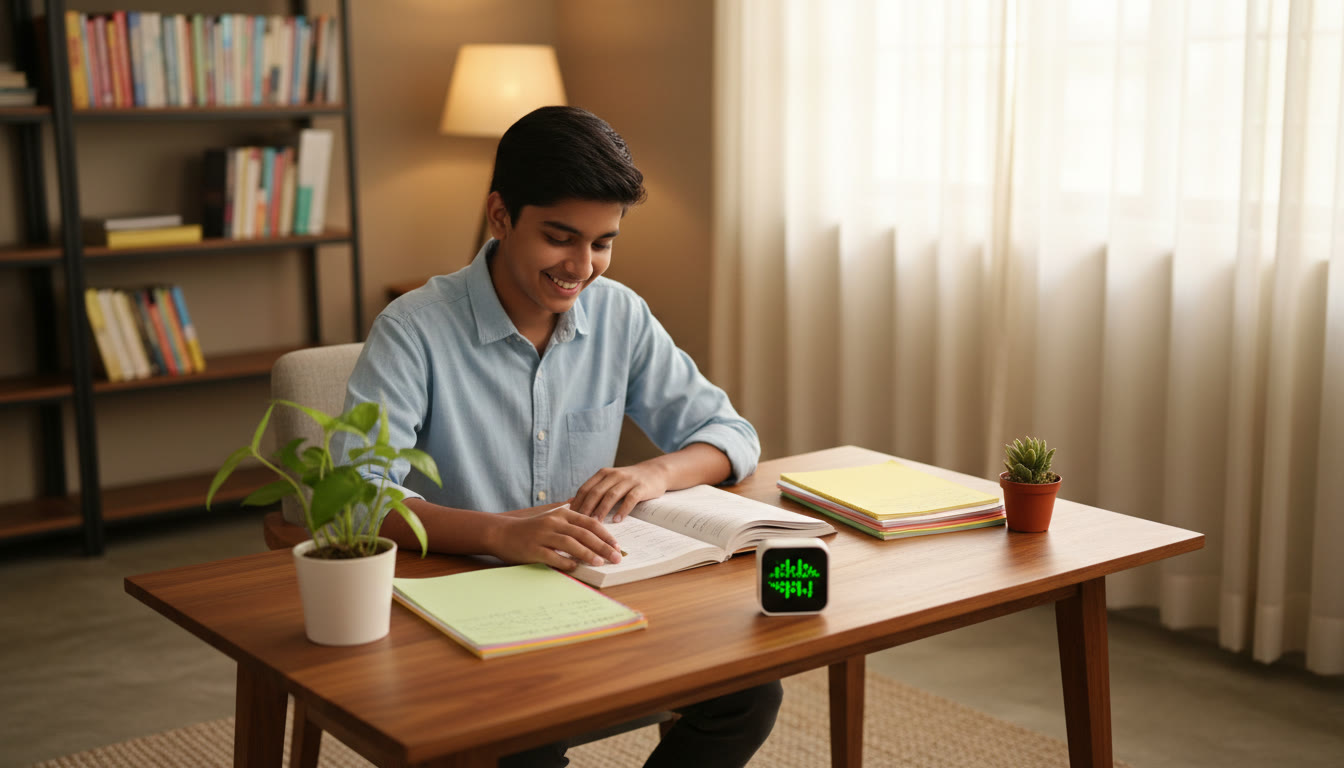 Photo Idea : student with open NCERT maths book, notes, and a timer on desk