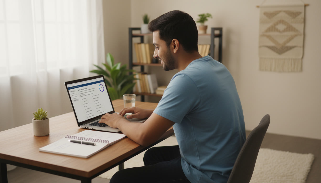 Photo Idea : Student taking a full-length mock test on a laptop, focused, with a timer and a notebook beside them