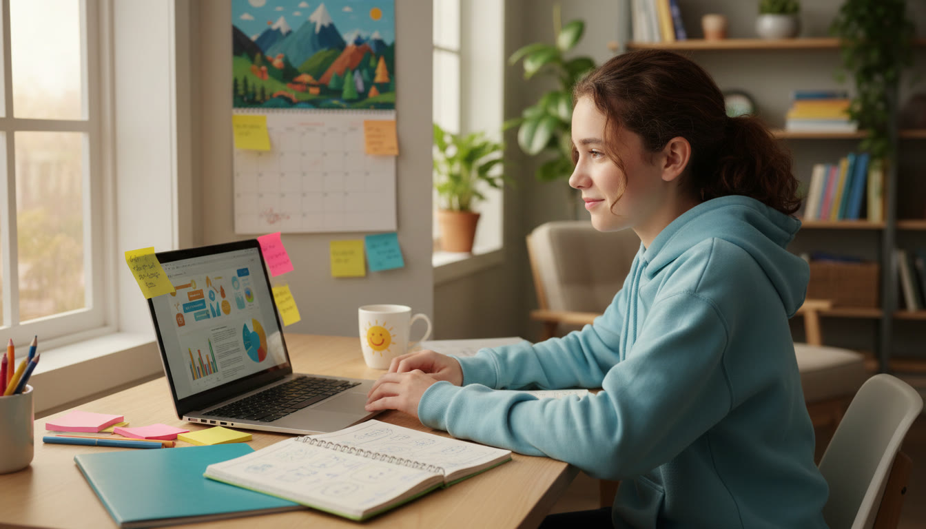 Photo Idea : Student at a desk with notebooks, a calendar, sticky notes and a laptop, looking focused