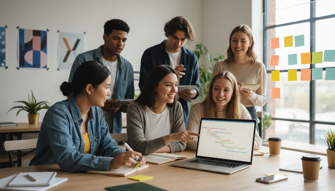 Photo Idea : A student leader checking a shared online timeline on a laptop while teammates add post-it notes