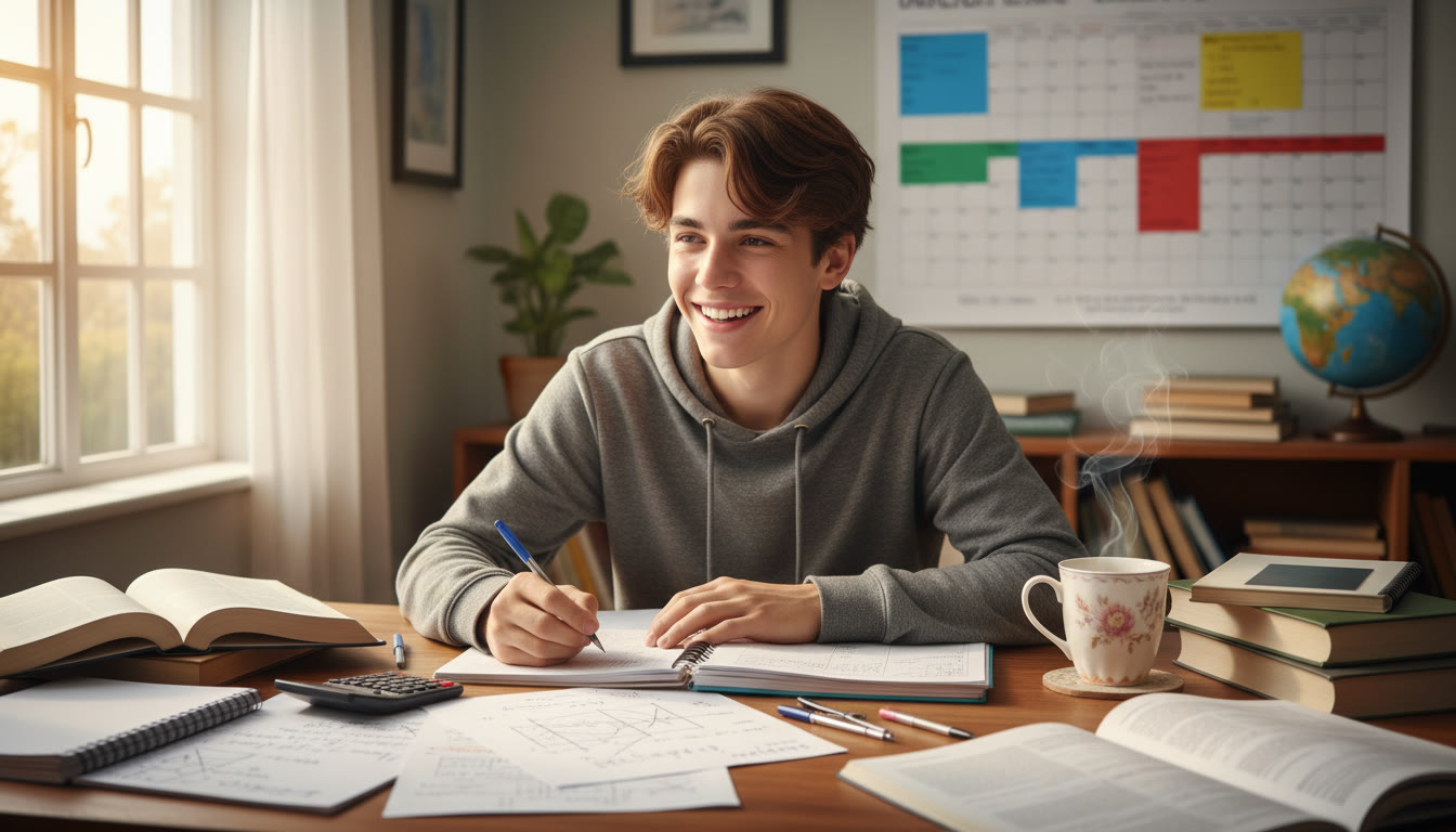 Photo Idea : A student at a desk surrounded by math and physics notes, a calendar with colored blocks, and a cup of tea.