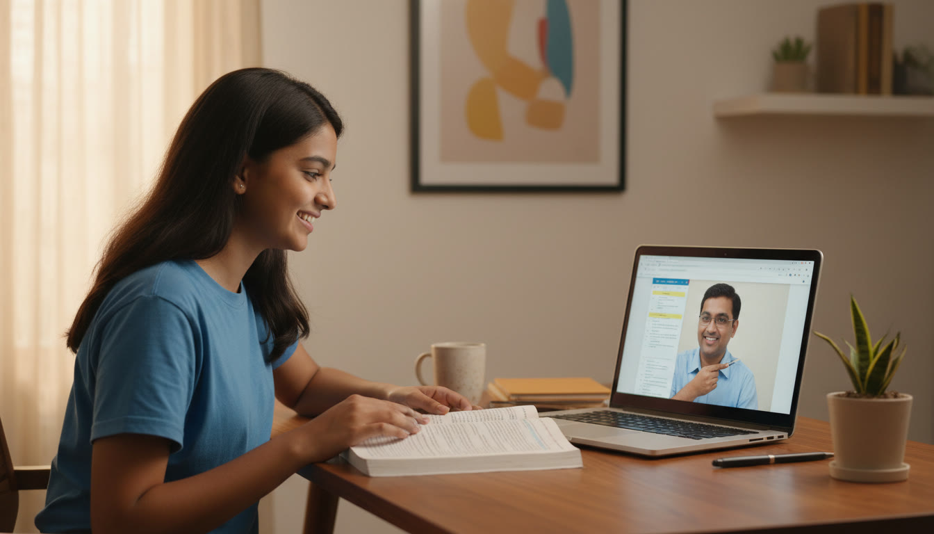 Photo Idea : Student reviewing NCERT notes with a tutor on a laptop screen during a focused online tutoring session