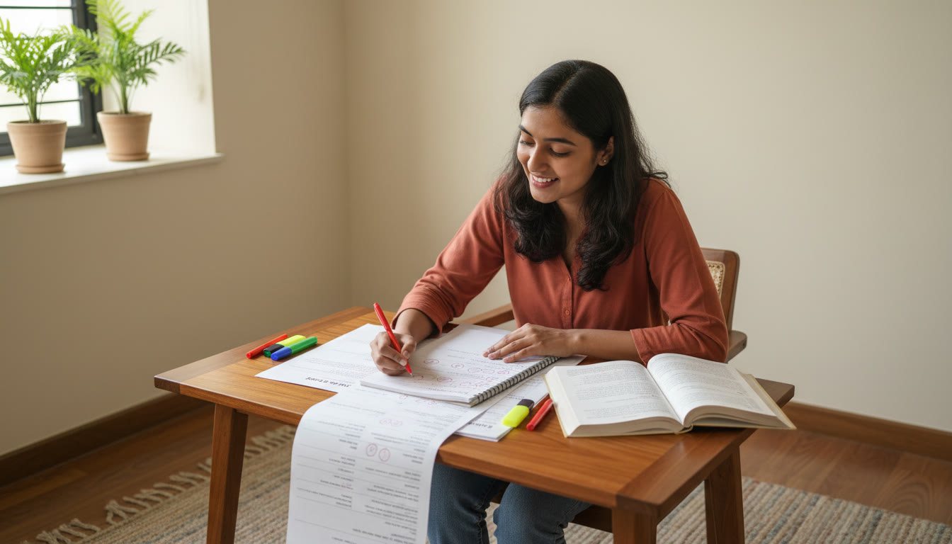 Photo Idea : a student reviewing a full-length mock test with a pen, marking errors and writing notes in a separate notebook