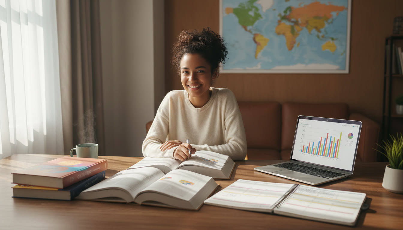 Photo Idea : Student at a desk with open IB textbooks, laptop, planner and soft morning light