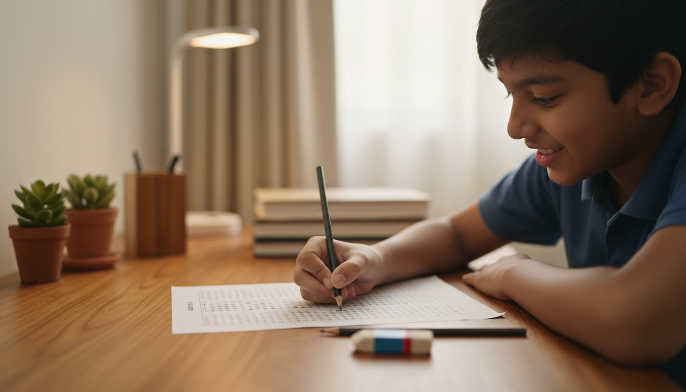 Photo Idea : Close-up of student filling an OMR sheet carefully with a pencil and an eraser nearby
