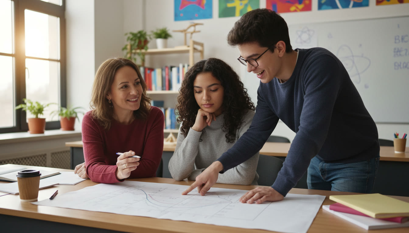 Photo Idea : Two students reviewing an IA draft together with one pointing to a graph while a teacher provides feedback