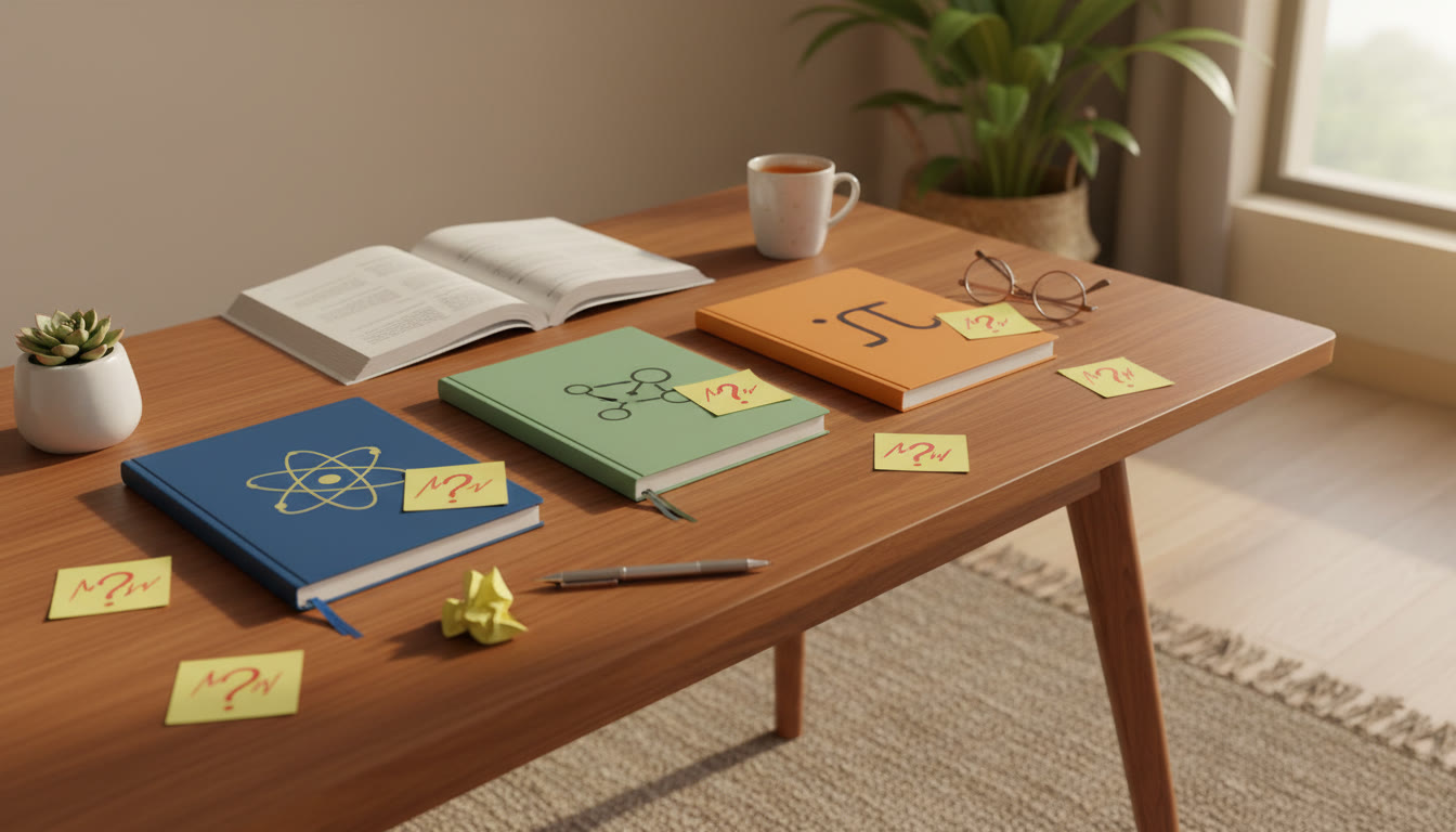 Photo Idea : Desk scene with three colored notebooks labeled Physics, Chemistry, Mathematics and sticky-error notes