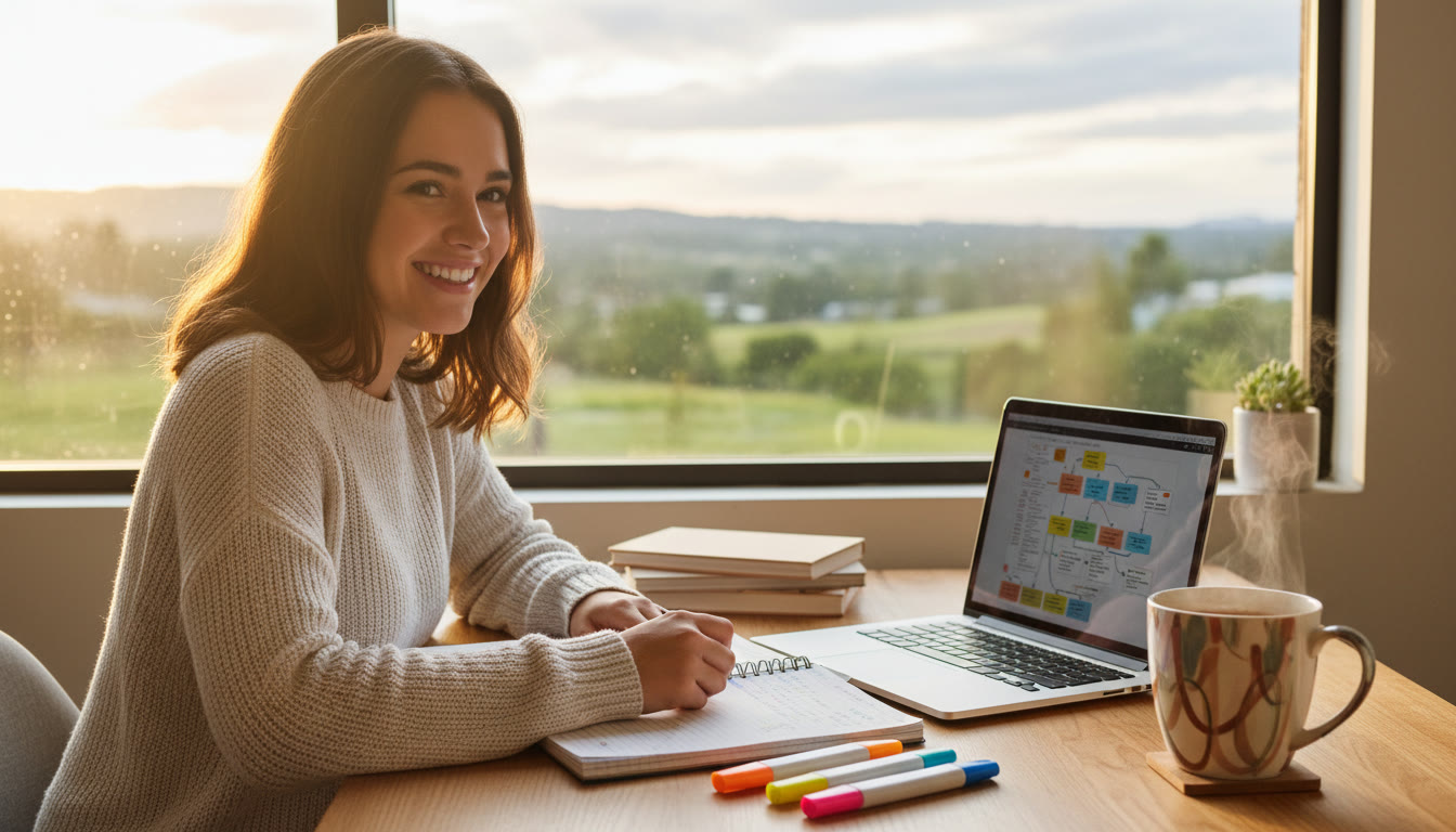 Photo Idea : Student at a tidy desk with a planner, highlighters, a laptop open to notes, and a warm drink by the window