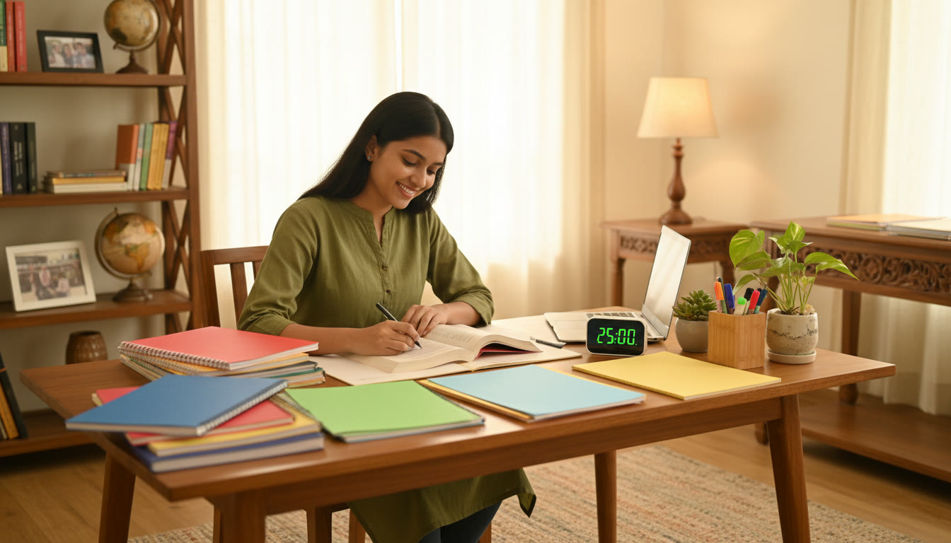 Photo Idea : A focused student at a tidy desk with color-coded notes, a timer, and open textbooks
