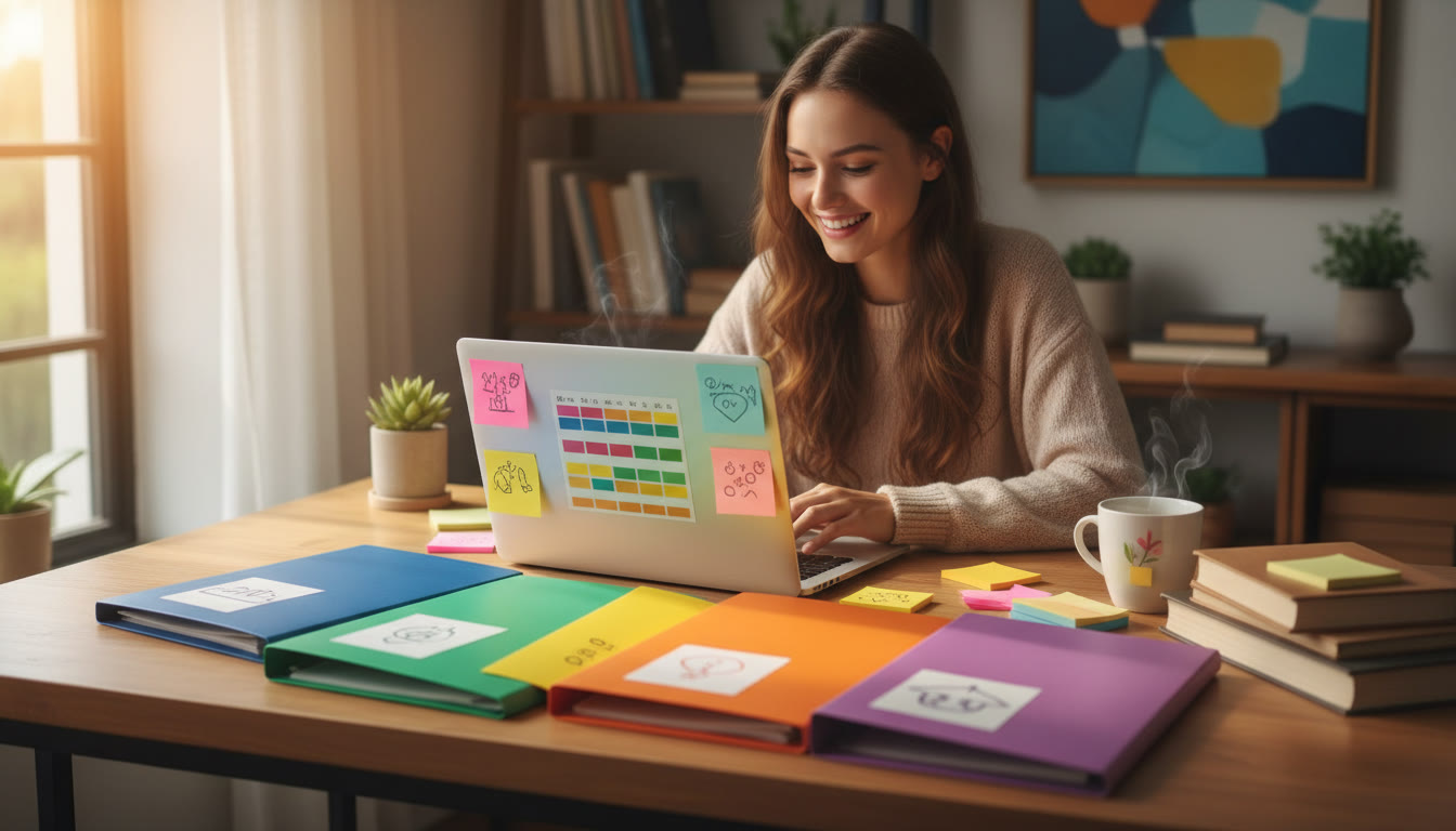 Photo Idea : [Student at a study desk with colourful subject folders labeled Group 1–6, sticky notes and a laptop open to a planning spreadsheet]