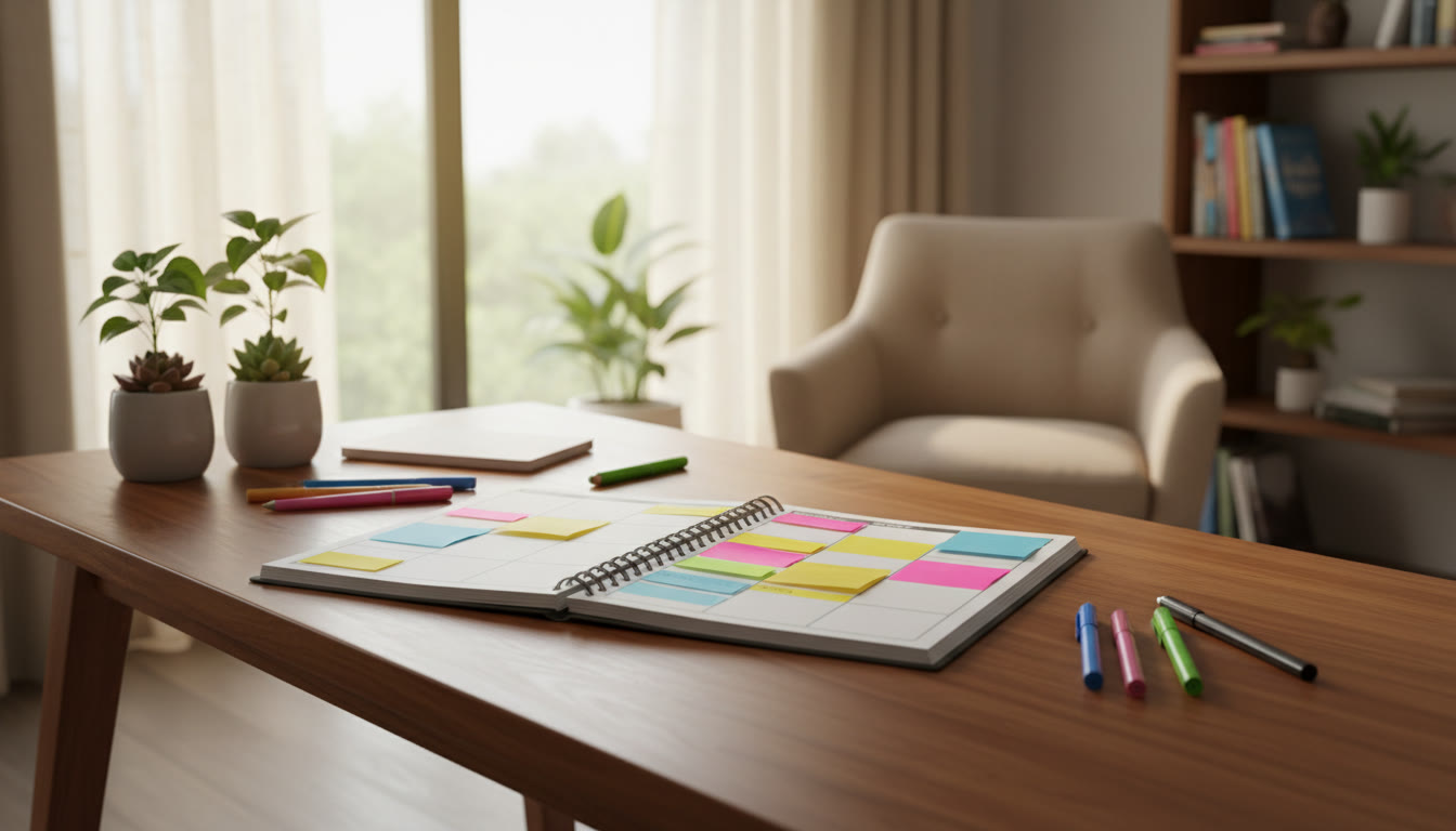 Photo Idea : A tidy study planner open to a weekly schedule with colourful sticky notes and pens