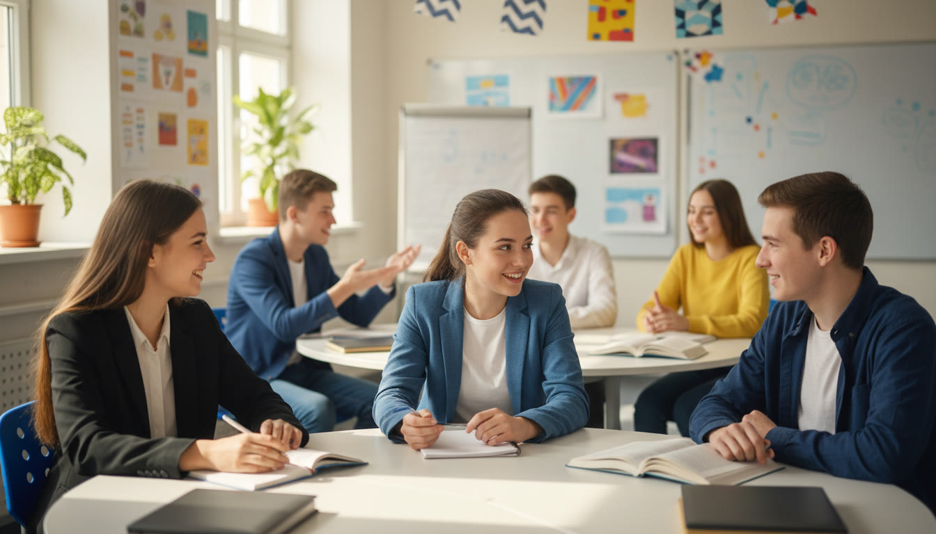 Photo Idea : A small group of IB students practicing mock interviews in a classroom setting