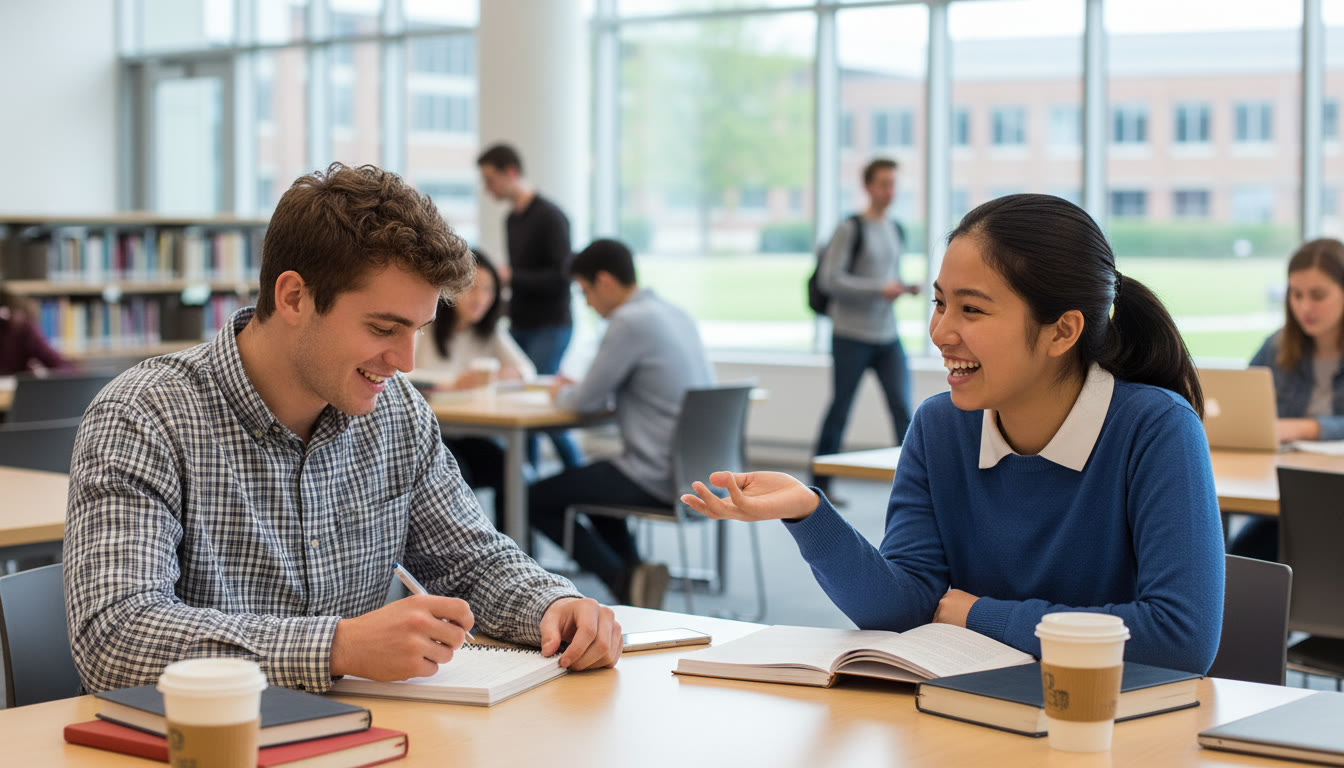 Photo Idea : Two students conducting a mock interview across a table, one taking notes while the other speaks