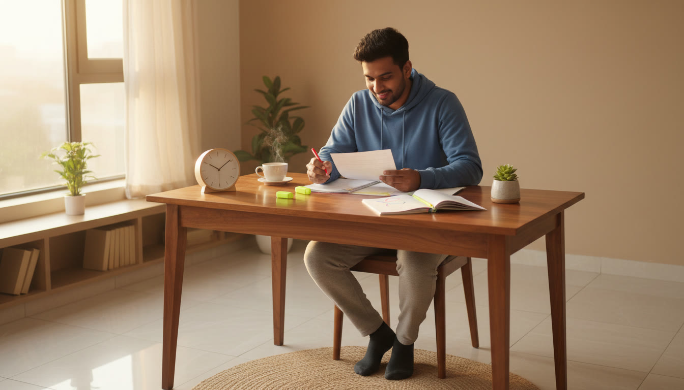 Photo Idea : a focused student reviewing a mock answer sheet at a desk with a clock and highlighted notes