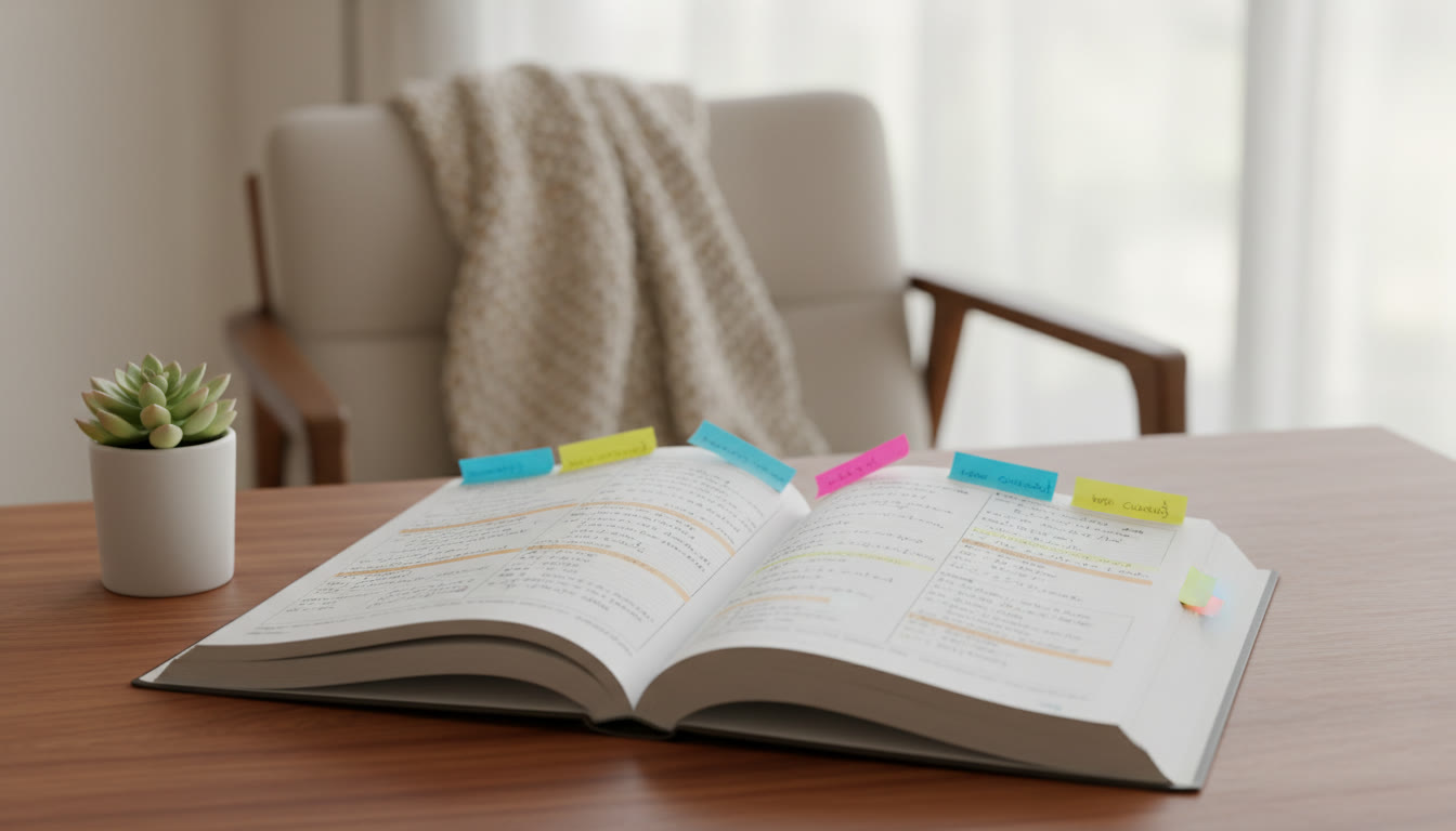 Photo Idea : Close-up of open problem book with solved workings, numbered sticky notes marking weak pages
