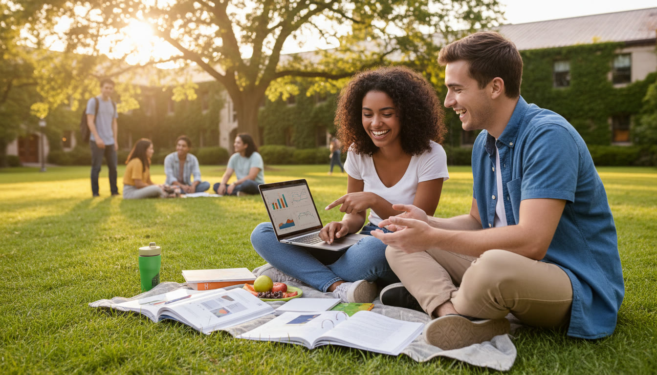 Photo Idea : Two students studying together outdoors, with one pointing at a laptop screen