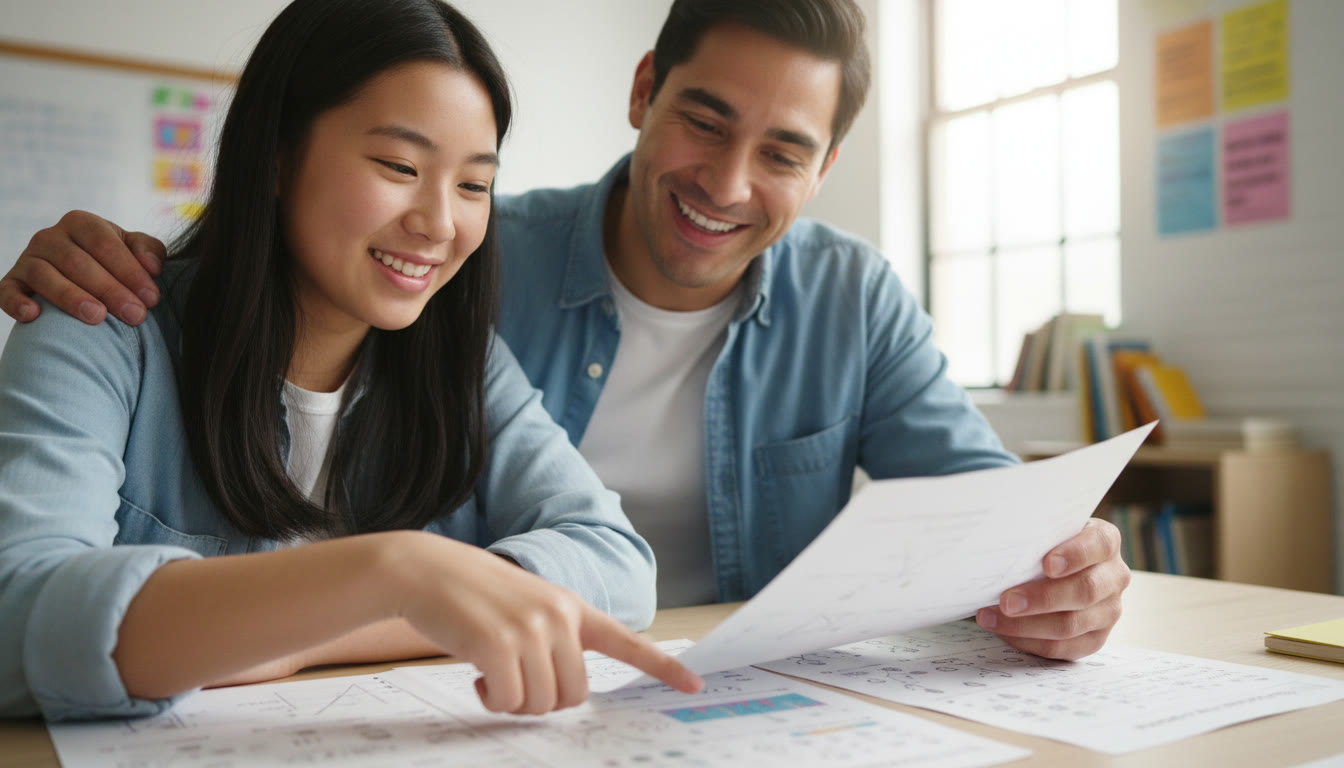 Photo Idea : Close-up of a student and teacher reviewing a printed mock exam together in a classroom