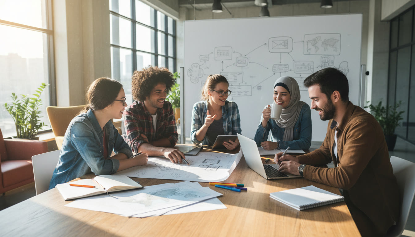 Photo Idea : A small group of diverse IB students planning a community project around a table with notebooks and a laptop