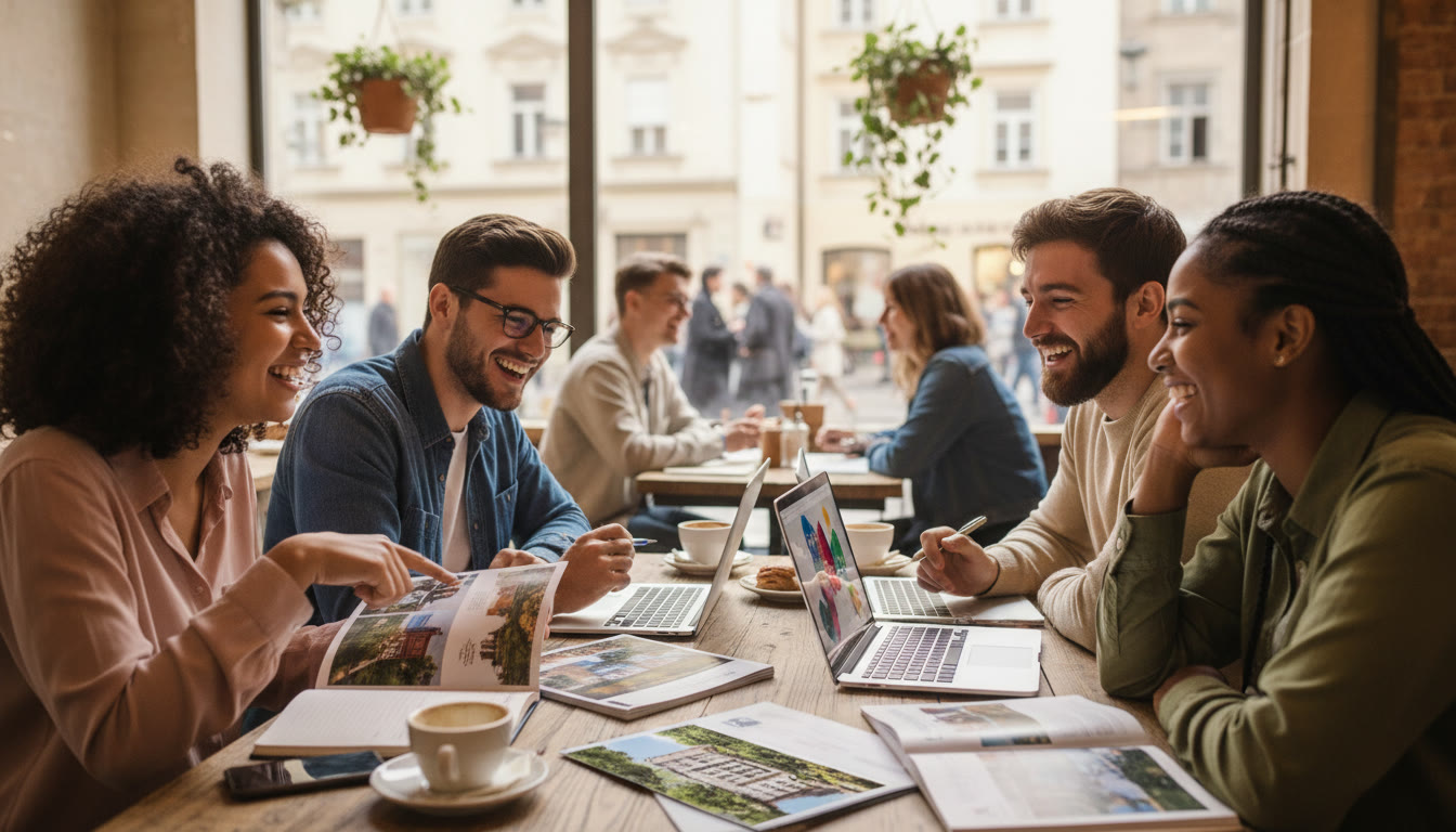 Photo Idea : A diverse group of IB students at a café comparing university brochures and laptops