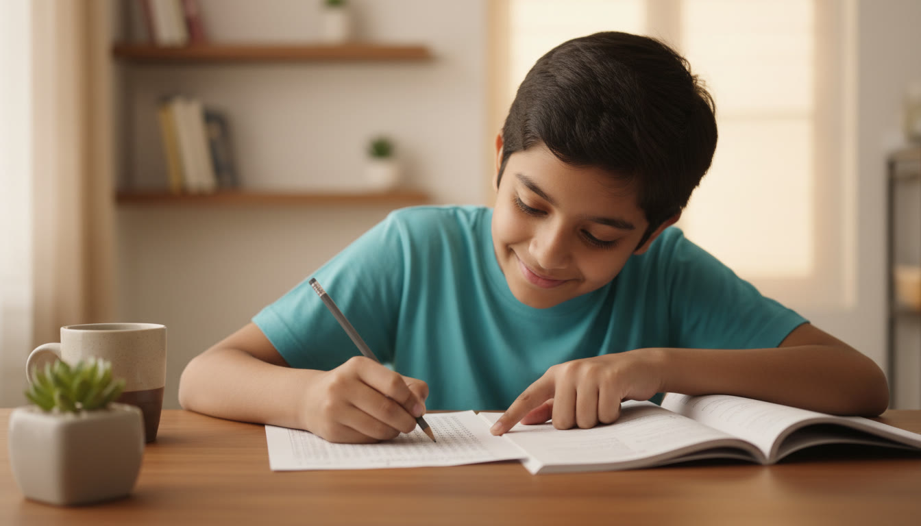 Photo Idea : Close-up of a student carefully shading an answer sheet with a pencil and verifying question numbers