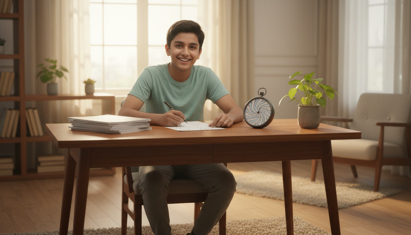 Photo Idea : A student taking a full-length mock test at a desk with a stopwatch and an OMR sheet laid out neatly.
