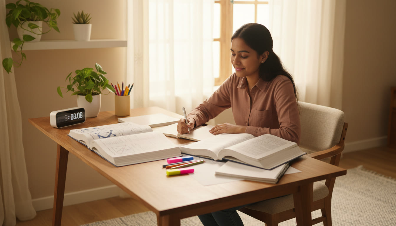 Photo Idea : A focused student at a tidy desk with three open textbooks, handwritten notes, highlighters, and a digital timer showing study time