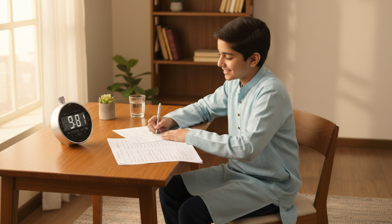 Photo Idea : A student taking a timed mock test with a stopwatch and question paper on the desk
