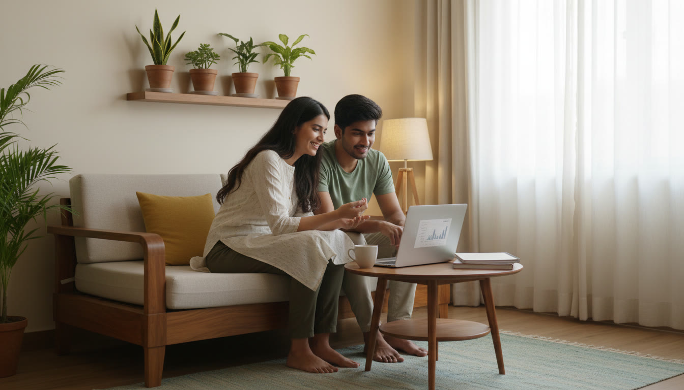 Photo Idea : A tutor and student reviewing a mock paper on a laptop in a cozy study space